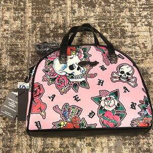 New Ed Hardy Pink lunch Bag or purse with Skull and Rose Design